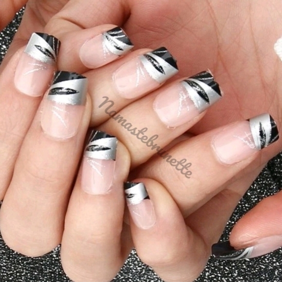 2/$16 Black & Silver French Manicure Press On Nails - Picture 6 of 9